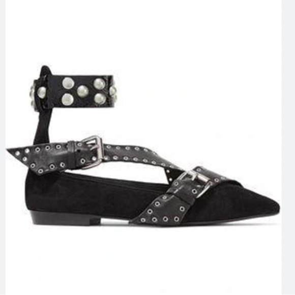 Isabel Marant Black Suede Eyelet Studded Ankle Wrap Linzy Flats - Picture 3 of 16